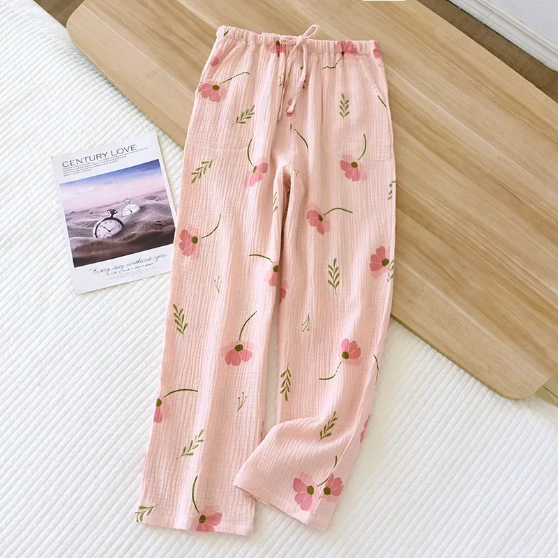 Cotton Pajama Pants Japanese Spring/Summer New Women's Pajama Pants 100% Cotton Crepe Pants Sweet and Cute Pajama Ladies Loose Home