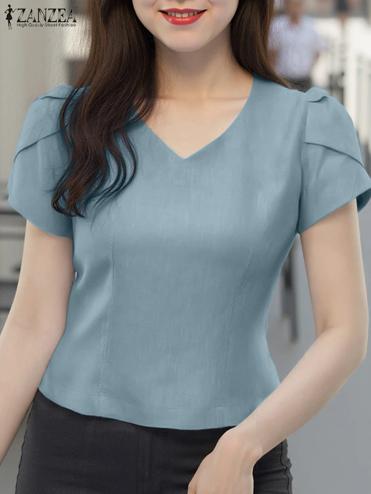 Women Summer Short Sleeve Blouse Casual V Neck Solid Color Tops