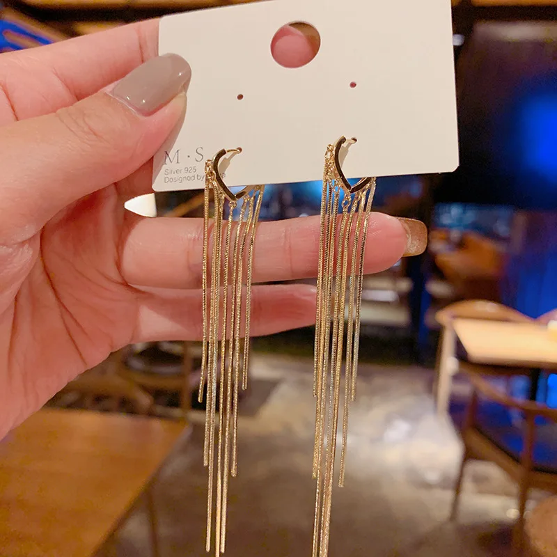 925 الفضة إبرة الكورية موضة سلسلة طويلة شرابة أقراط للنساء القرط المعدني مجوهرات تتجه المرأة انخفاض الأقراط