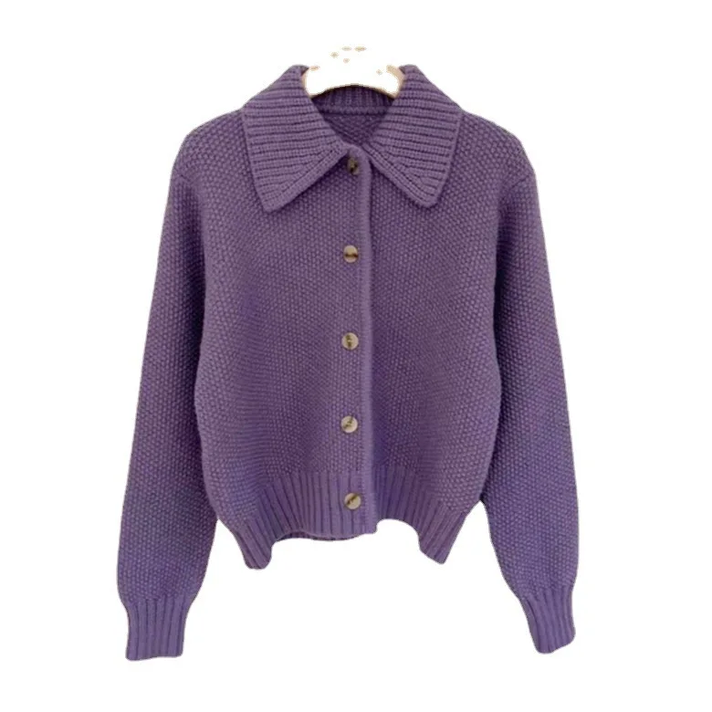 

Solid color lapel knitted cardigan jacket 2024 new loose spring/autumn casual knitted women's top