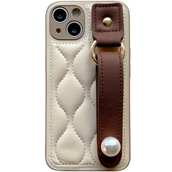 Elegant Leather Pearl Wrist Strap Stand Case with Water Ripple Design - iPhone 12 Pro Max (Style 01)