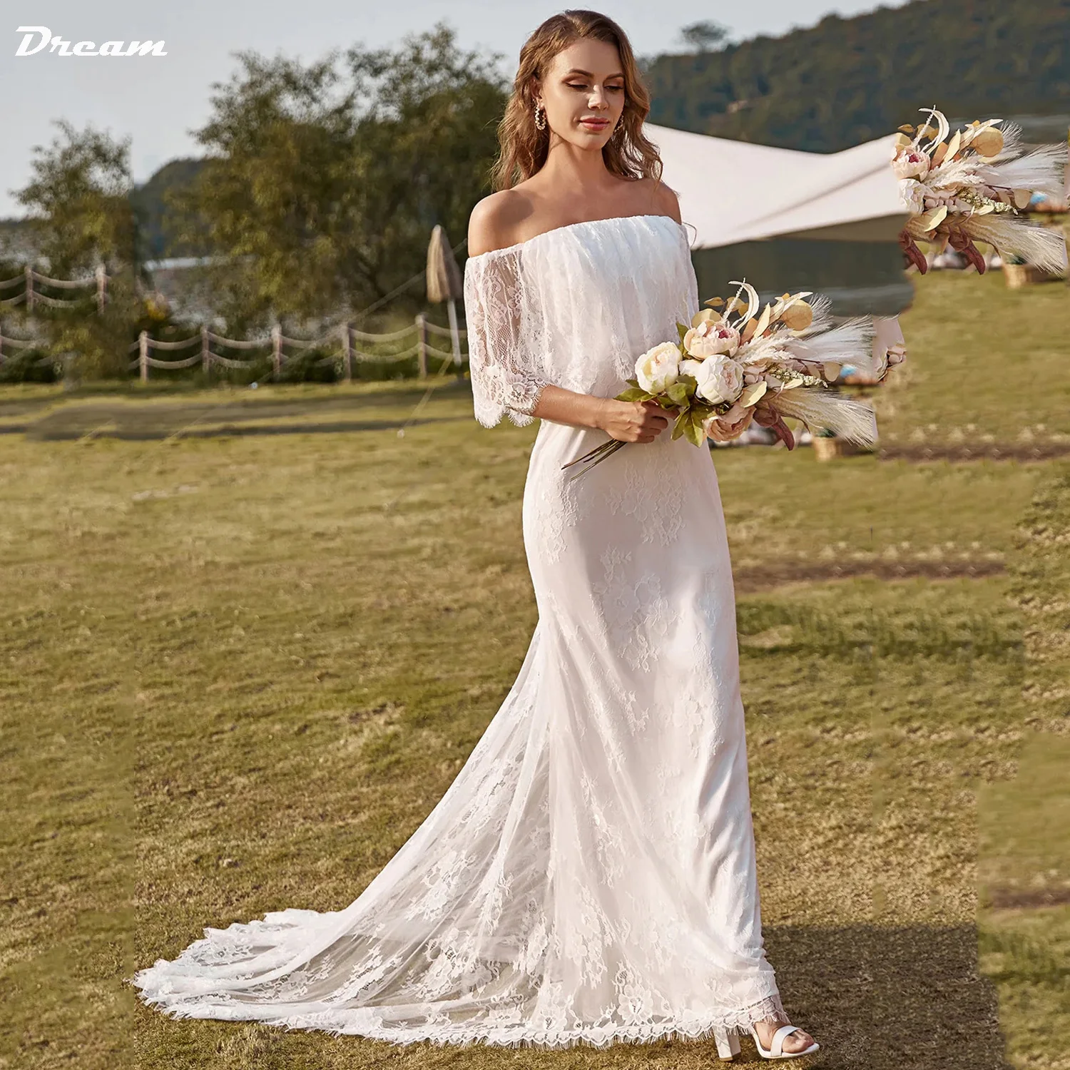 

DREAM Ivory Mermaid Off The Shoulder Lace Boho Wedding Dresses With Sweep Train Boat Neck Half Sleeve Beach Bohemian Bride Dress
