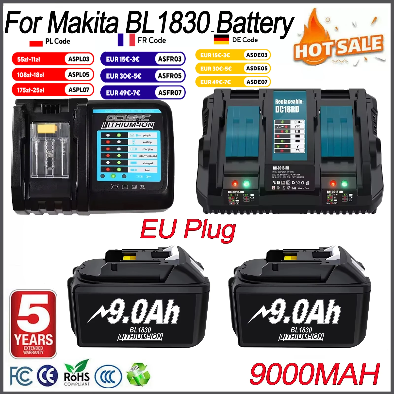 18V 9000mAh Replacement Battery Compatible for Makita BL1830B BL1840B BL1860 BL1890 BL1815 BL1830 LXT400 Cordless Drills