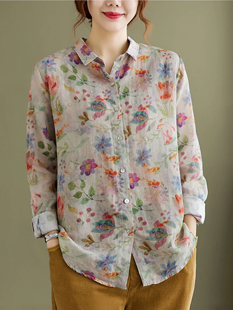 2025 Spring Autumn Fashion Cotton Linen Floral Blouse Women Button Cardigan Shirt Top Female Chemises Elegant Casual Clothes
