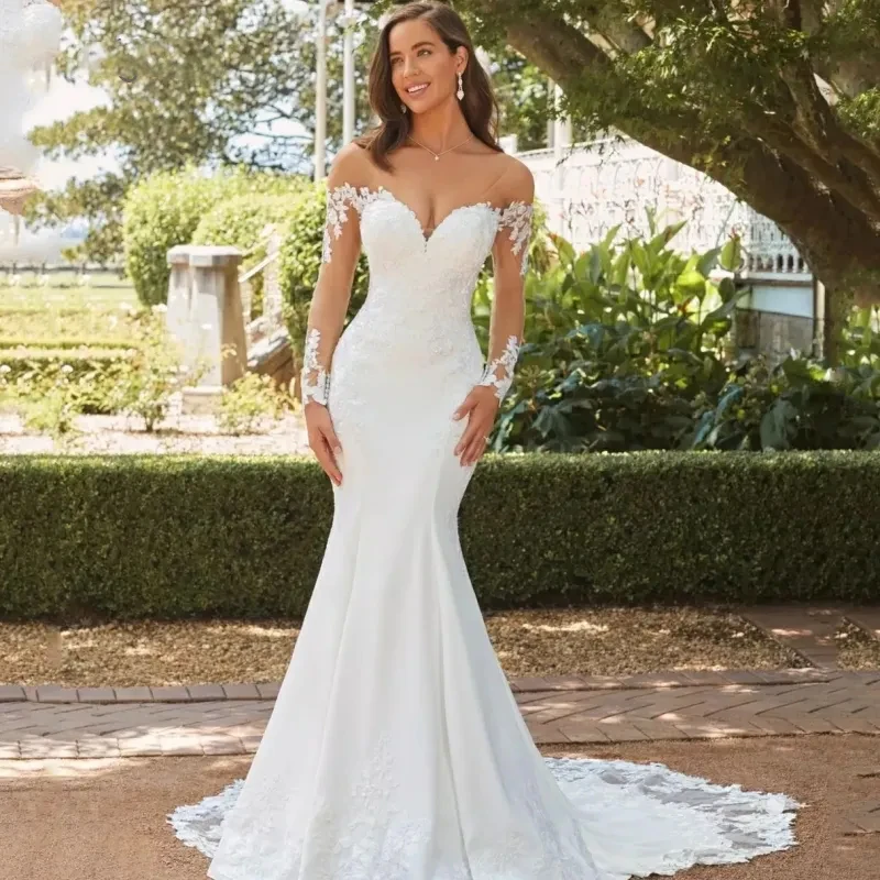 

Gorgeou Sweetheart Mermaid Wedding Dress 2023 White Long Sleeve Open Back Lace Applique Bridal Gown Sweep Train Vestido De Novia
