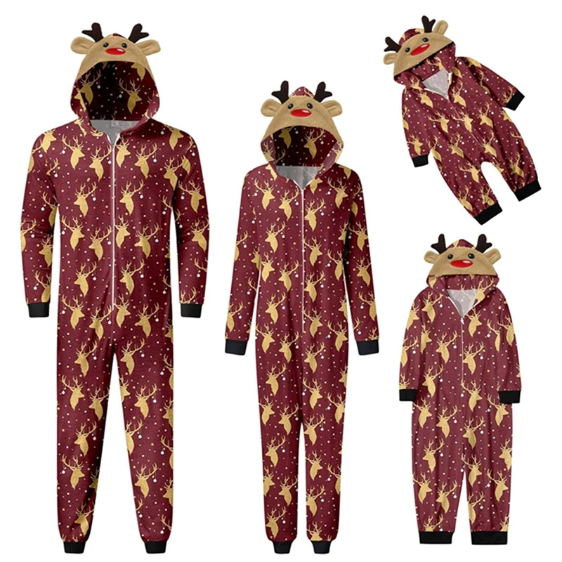 Combhasaki Family Matching Christmas Pajamas Loungewear Long Sleeve 3D Elk Antler All-over Print Hooded Romper Zip Up Jumpsuits 4
