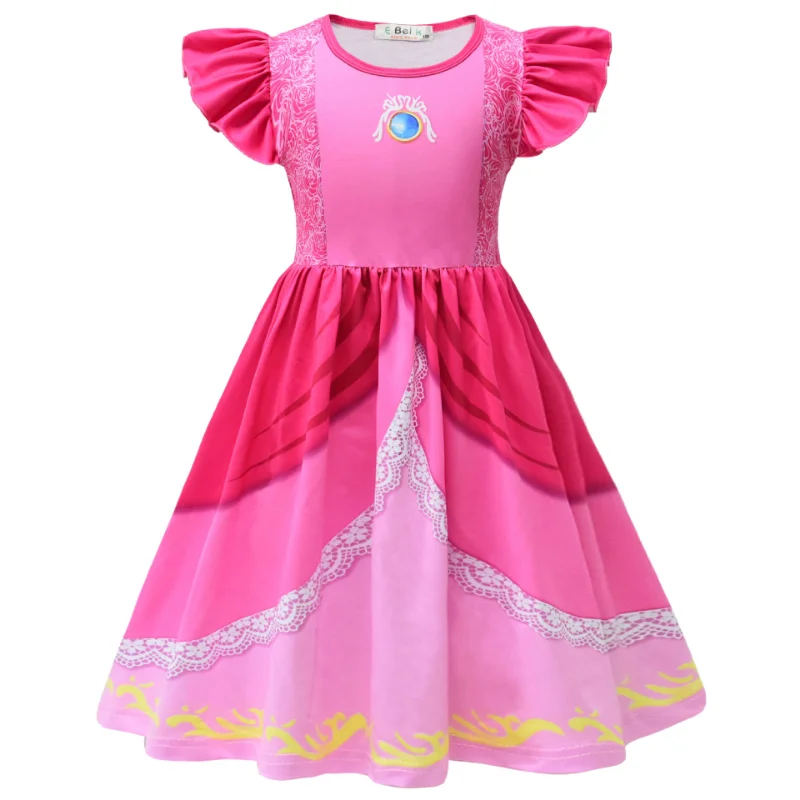 Cosplay Costume Kids Girls Dress Halloween Dress Outfit Anime Super Bros Costume for Kids Halloween Party Dresses Luigi-Lover Brothers Peach Princess Cosplay Clothes Girls Fancy Dress
