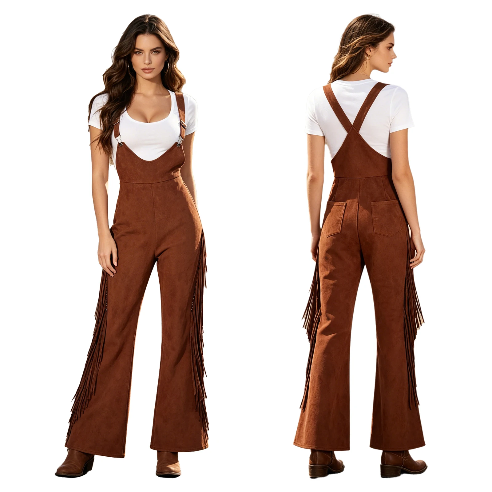 Women Halloween Cowgirl Fringe Overalls Unitard Adjustable Straps Wide Leg Tassel Back Pocket Romper Jumpsuit Daily Casual Wear