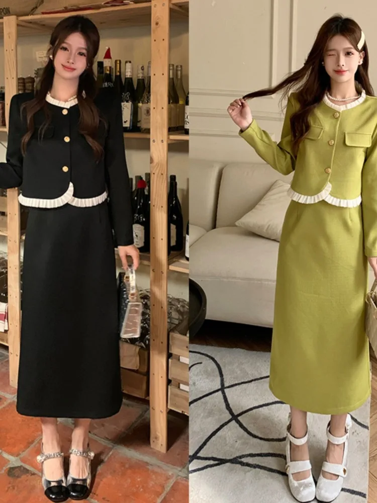 

UNXX Autumn Skirt Coat Suits Women Korea Sweet Age Reducing Ruffle Edge Spliced High Waist Covering Meat Show Thin Skirt Set