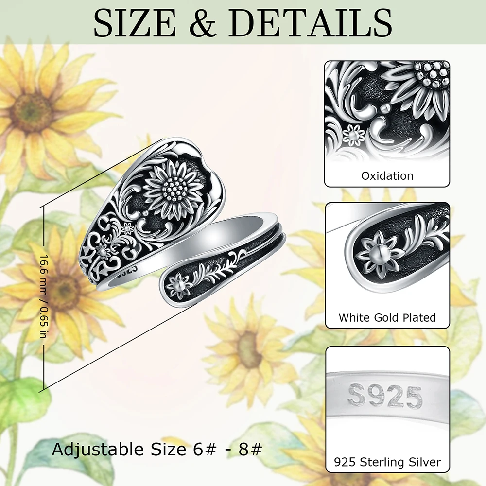 Adjustable Sterling Silver Opal Spoon Ring – Victorian Flower Thumb Ring For Women, S925, Hypoallergenic, Gift