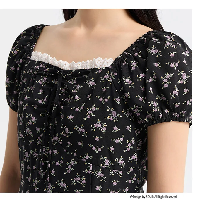 Dress Women Split Bubble Sleeve Medium Long Dress Summer New Square Neck Chiffon Floral Dress Romantic Elegant