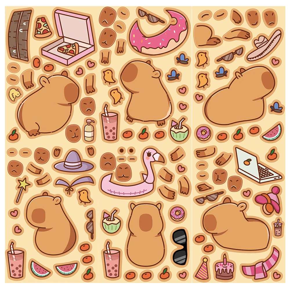 8/16Sheets Cute Capybara Puzzle Stickers Games Children Make a Face Assemble Jigsaw Kids Education Toy Craft Sticker Party Gift