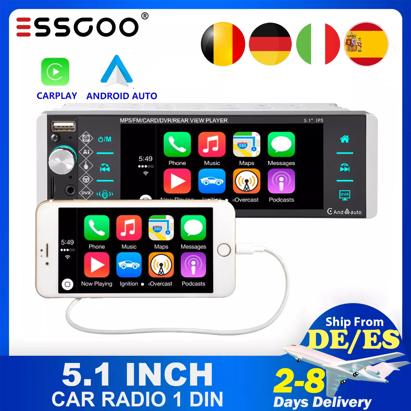 ESSGOO 1 Din Carplay Autoradio Bluetooth FM MP5 Player 5.1 inch Car Radio  Stereo IPS Touch Screen Mirror link Support DVR - AliExpress