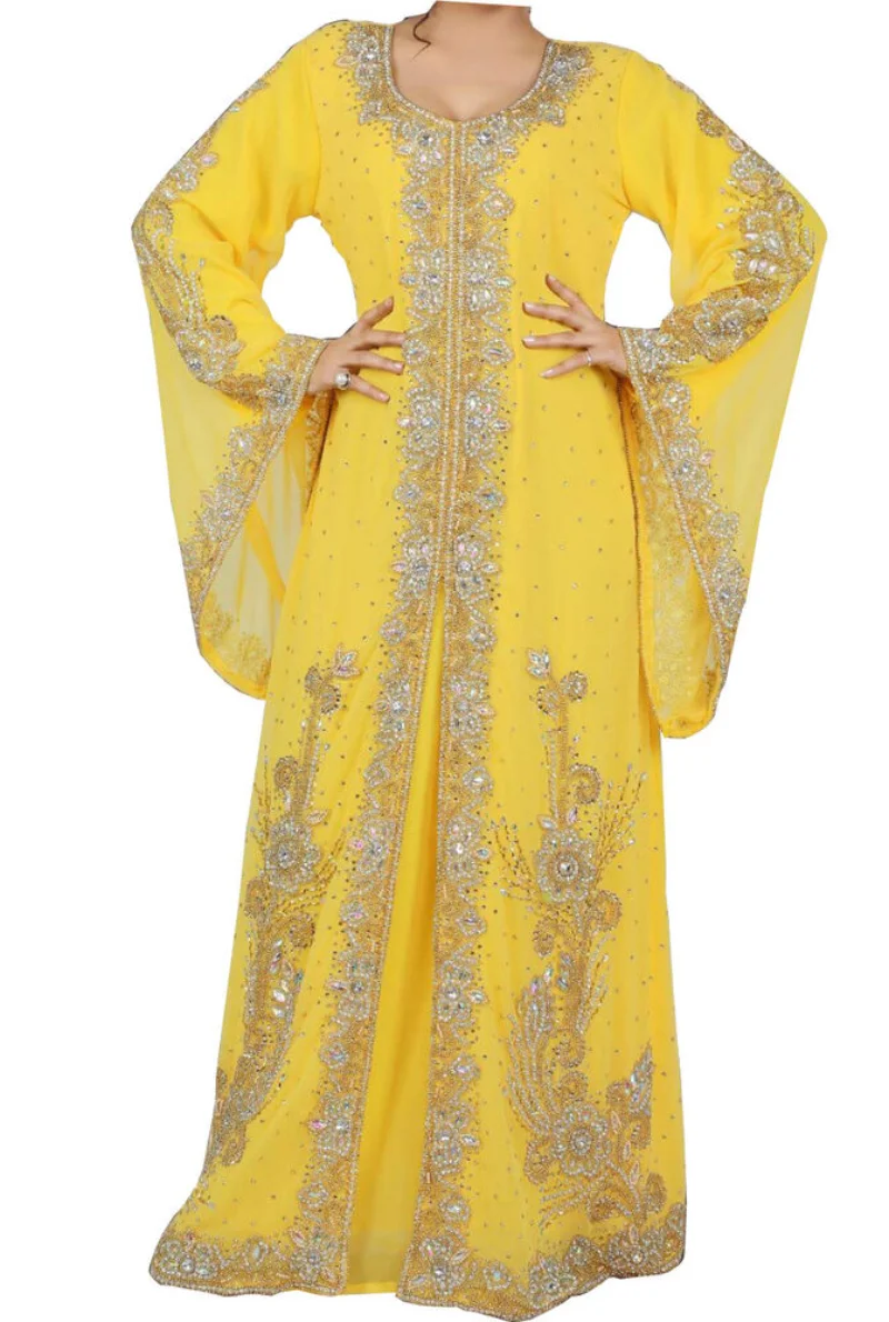 Women Yellow Dubai Gown Farasha Moroccon Islamic Gown Dress Indian Dress Saudi Arabia Indian Clothing World National Costume