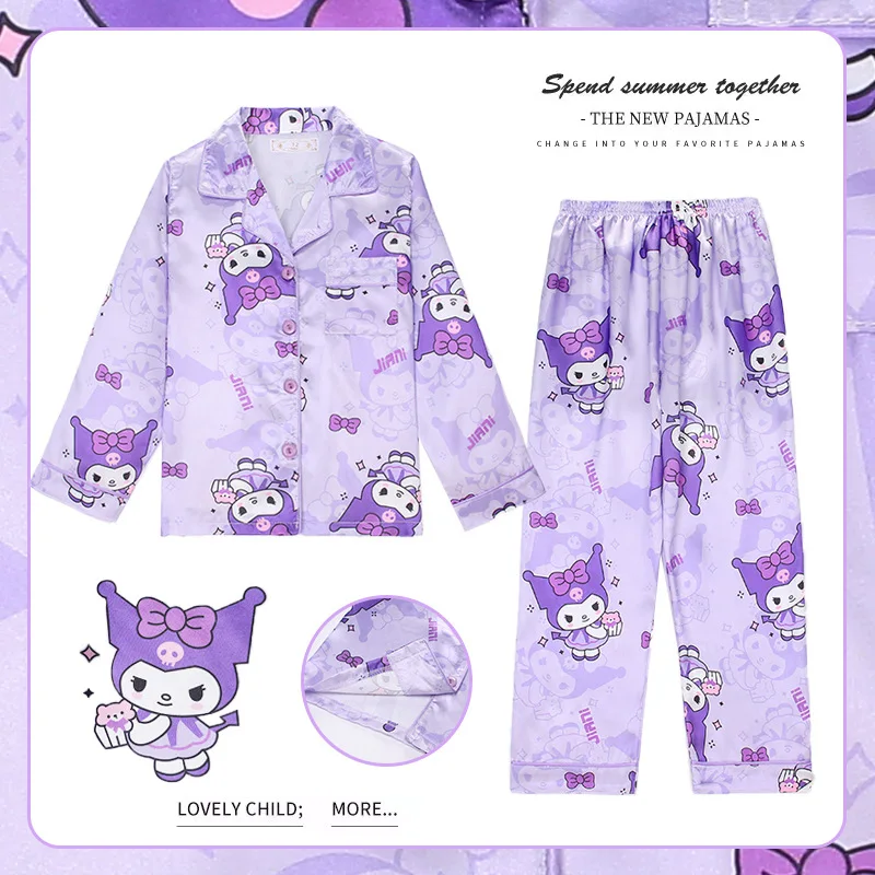 

Sanrio Cinnamoroll Kuromi Cute Y2K Children's Ice Silk Pajamas Autumn Girls Thin Casual Collar Long Sleeve Pajamas Homewear Set