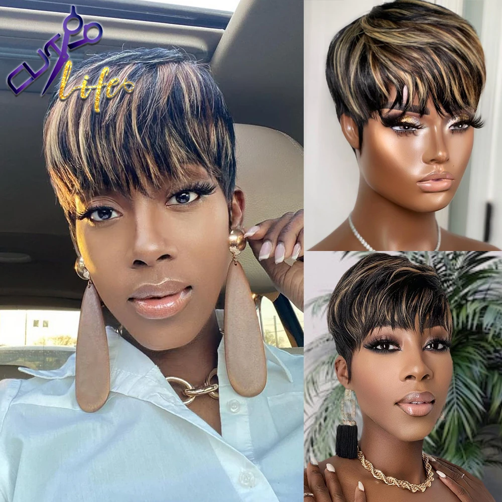 Short Pixie Cut Wigs Wear And Go Full Machine Wig With Bangs Dovetail Straight Highlight Blonde Remy Human Hair Mullet Wigs