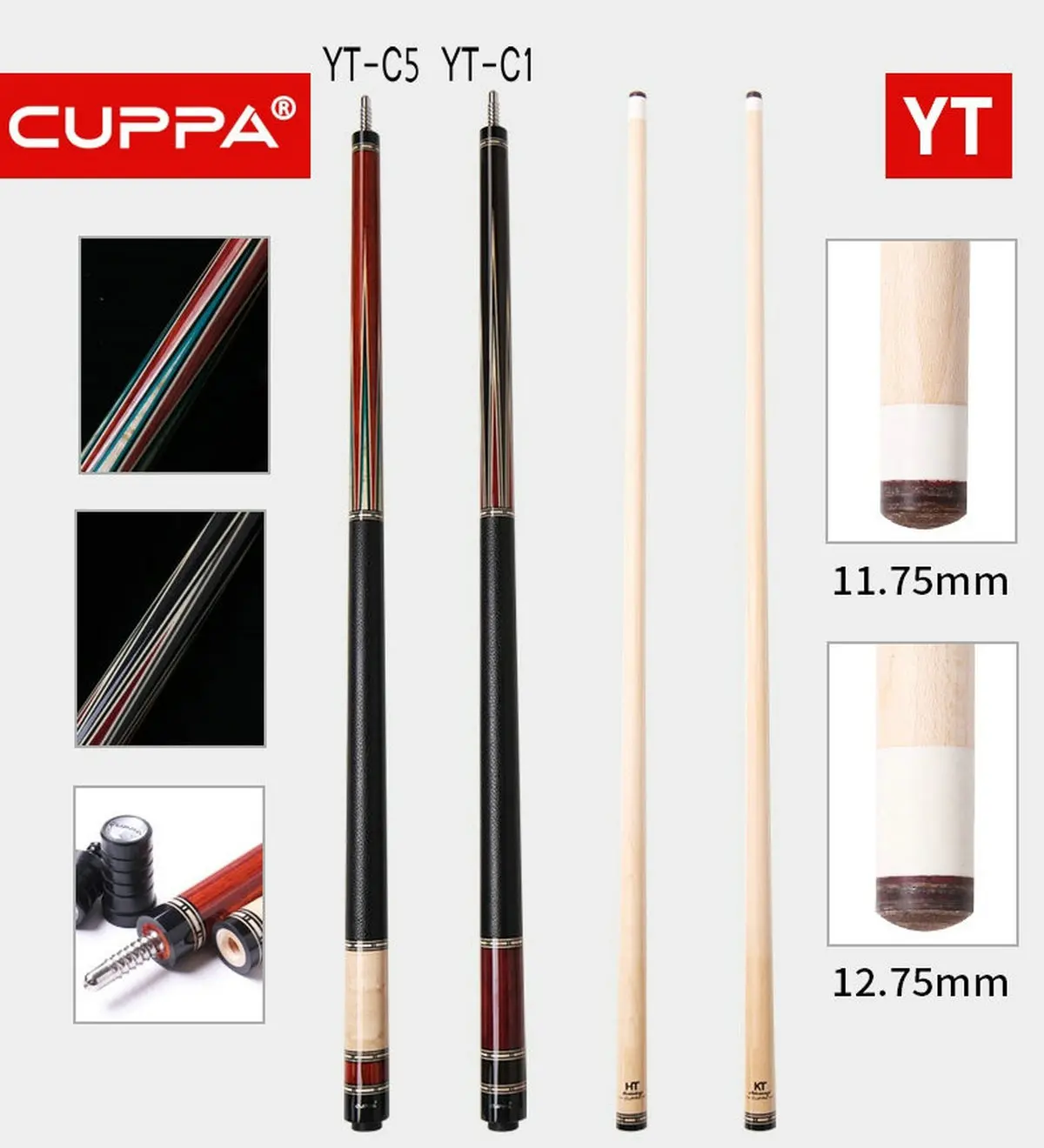 Cuppa YT 어드벤처 9 볼 당구 큐 스틱 세트, 11.75mm, 12.75mm