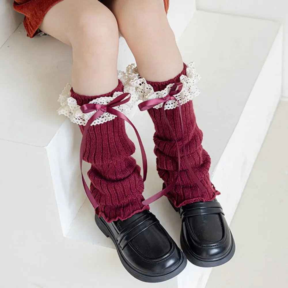 Fashion Harajuku Bow Ribbon Leg Warmers Long Stockings Sweet Lolita Knitted Socks Solid Color Kawaii Knitted Foot Cover Autumn
