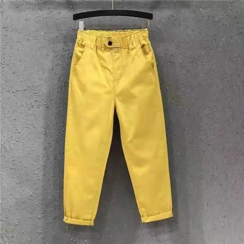 Spring Summer Solid Color Fashion Elastic Waist Haren Pants Women High Street Casual Pocket Cotton All-match Ankle Length Pants