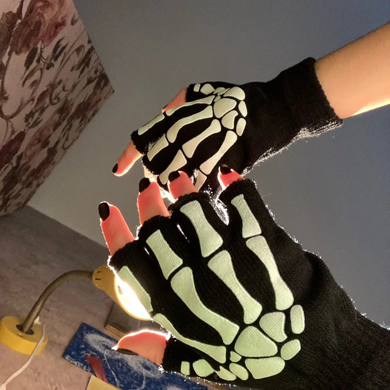 Punk Gloves Unisex Halloween Skeleton Skull Half Finger Gloves Glow In The Dark Fingerless Stretch Knitted Winter Mittens sports half finger gloves winter gloves