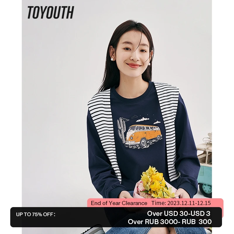

Toyouth Women Fake Two Piece Sweatshirts 2023 Spring Long Sleeve O Neck Loose Hoodie Graphic Print Navy Casual Chic Pullover