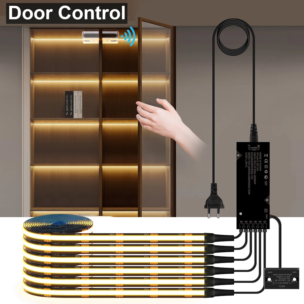 Smart PIR Motion Sensor LED Strip Light with Auto ON/OFF Door Sensor Switch for Cabinets and Wardrobes