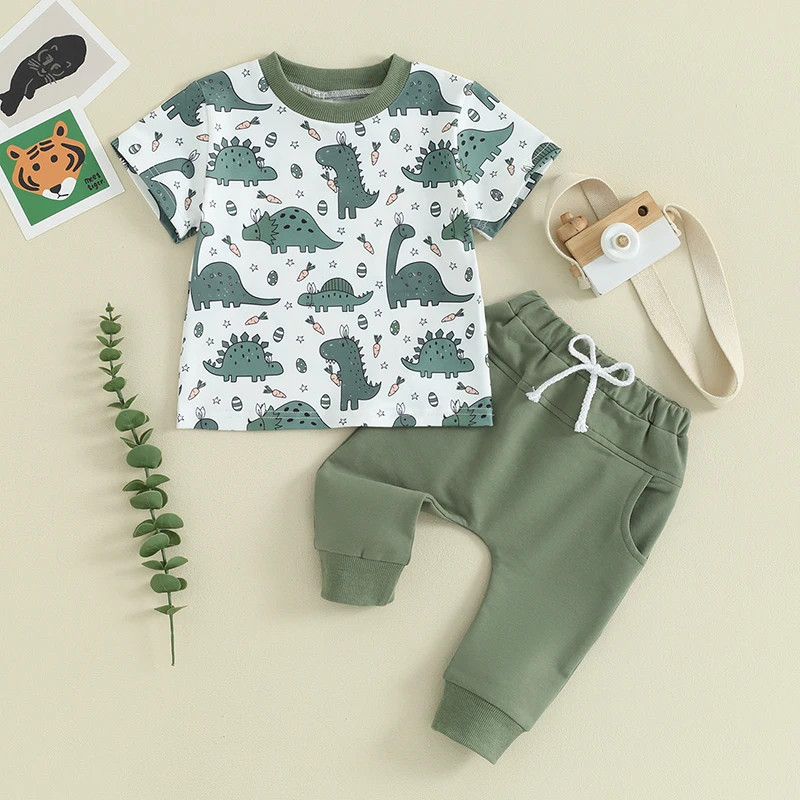 

Toddler Boy 2pcs Summer Clothes Baby Dinosaur Pant Set Short Sleeve Dinosaur Print Tshirt Top Solid Pants