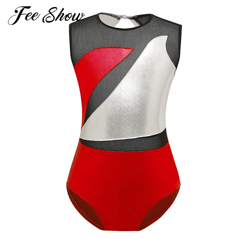 

Kids Girls Sheer Mesh Patchwork Ballet Leotard Dance Costume Metallic Shiny Sleeveless Cutout Back Bodysuit for Dance Gymnastics