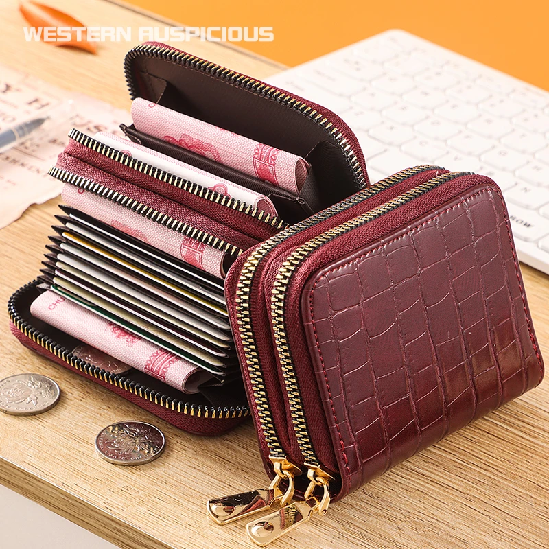 Tarjetero de para mujer/hombre rojo/Negro/azul ID/tarjetero Cartera de PU doble cremallera|Tarjeteros| -