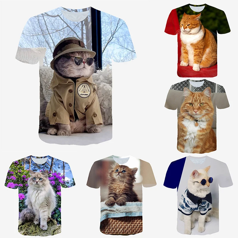 Casual 3/4 Sleeve Notched Cat Fashion Regular T-Shirt