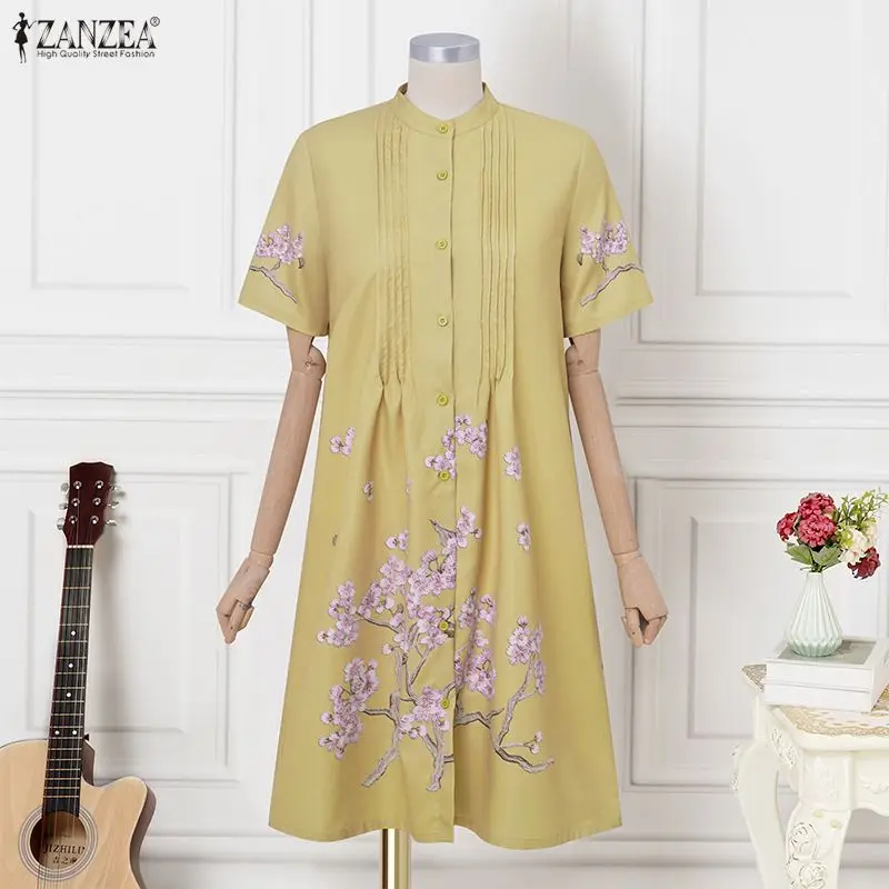 ZANZEA Thin Women Dress Summer Spring Half Sleeve Party Pleated Floral Print Knee Length Sundress Streetwear OL Work Vestidos 4