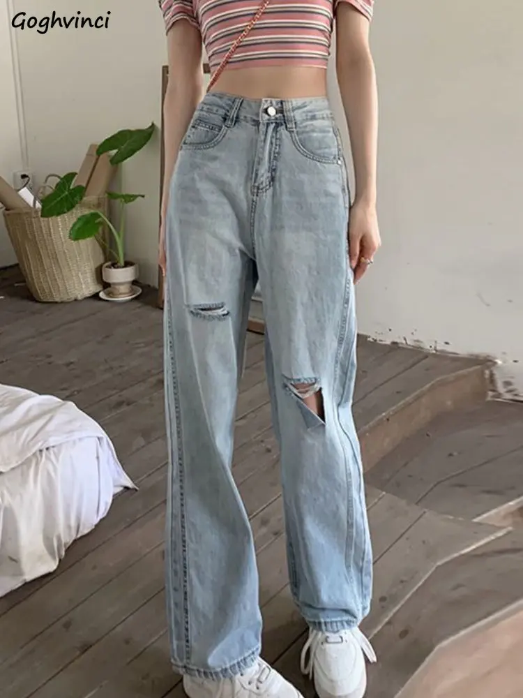 

Jeans Women Summer Hole Straight Denim Casual All-match Джинсы Женские Streetwear Stylish Basic Newly Female Korean Style Chic