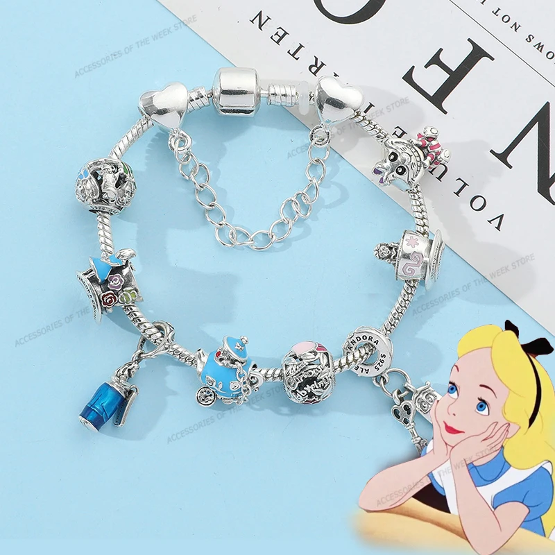 Disney Luxury Bracelet Charms Bangle Alice in Wonderland Pulseiras Feminina  Silver Plated Family Fashion Bracelet for Women