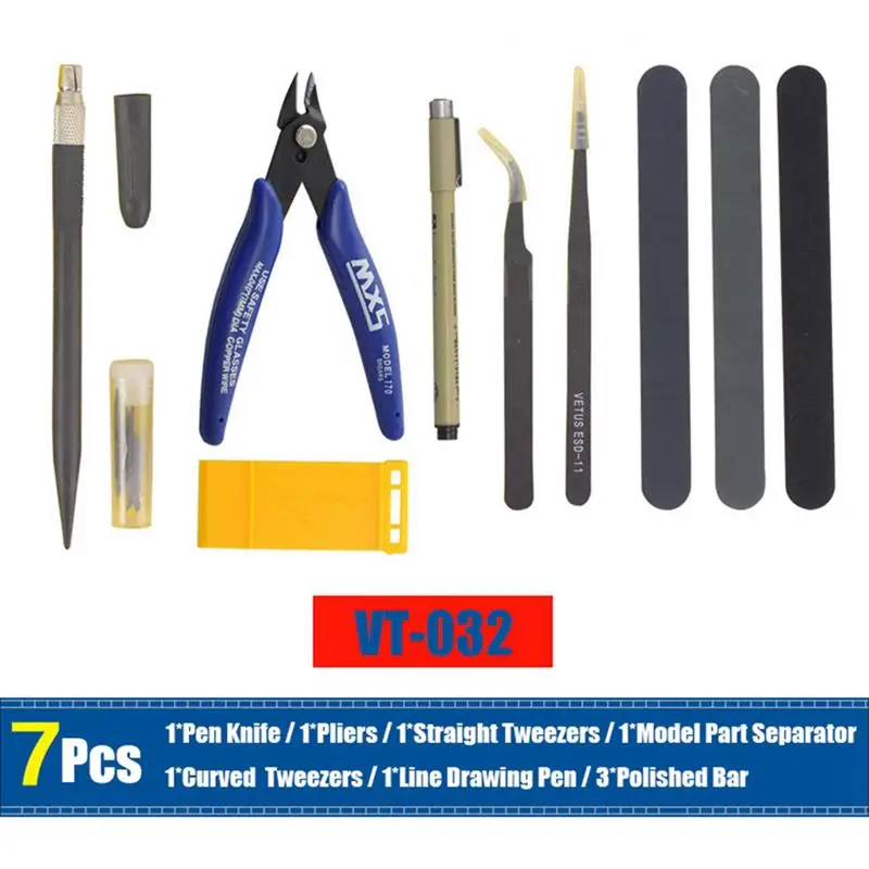 7PCS Novice Model Tool Set with Pen Knife Water Mouth Pliers, Polishing Tweezers, Engraving lines for Hobby Model Craft DIY Kit 2