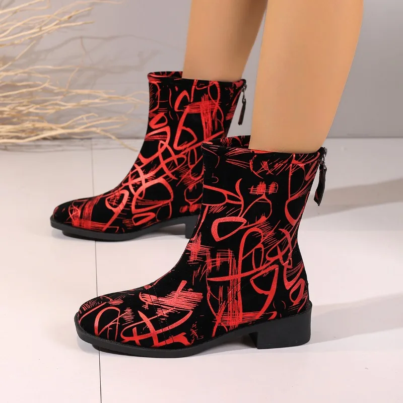 Winter Cowboy Boots Leather Pointed Toe Zipper Retro Print Design Thick Heel Rider Boots Casual Mid Calf Printed Women's Boots