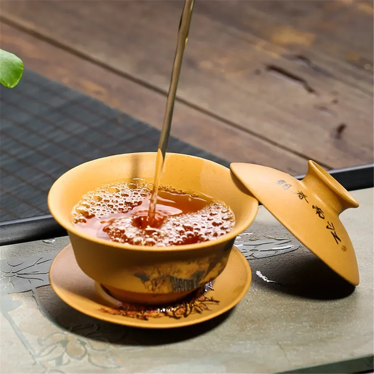 Tea set Yixing Hand-Painted Boccaro Cup Segment Mud Tea Drinking Cup Jiangnan Spring Kung Fu Tea Set Handmade Gaiwan Retro Landscape