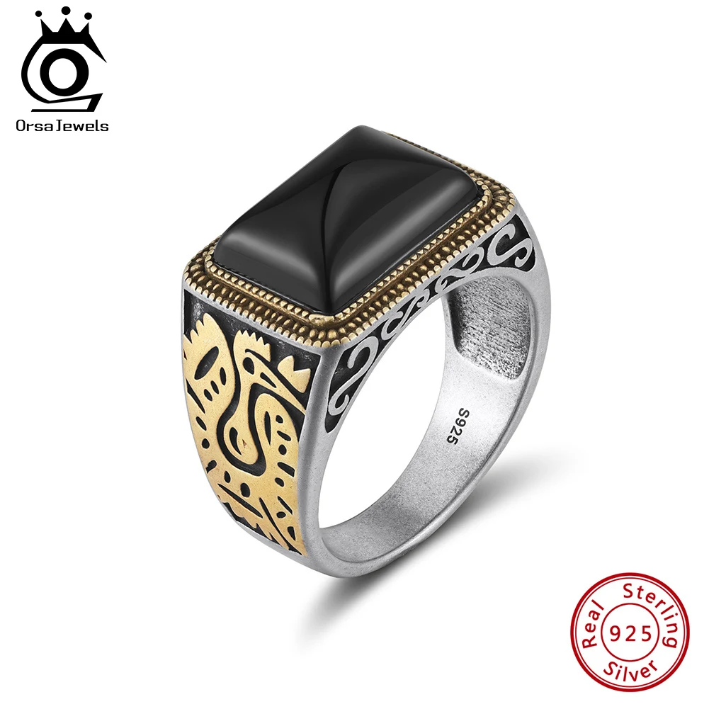 ORSA JEWELS S925 Sterling Silver Fashion Black Agate Ring for Men Gift Retro Gold Plated Finger Ring Party Hip Hop Jewelry NMR16 - Image 2