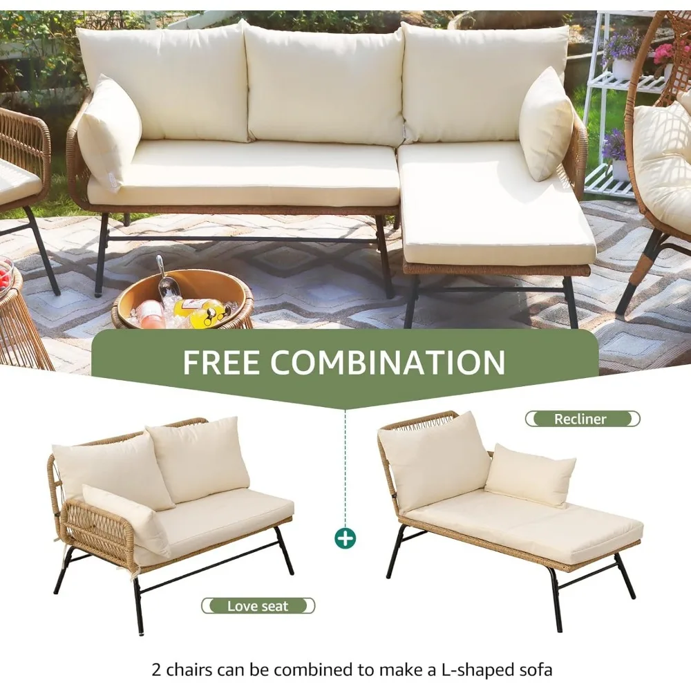 7 Piece Boho Patio Furniture Sets with Egg Chair, Small Outdoor Bistro Chair Conversation Sofa Set w/Coffee Table & Ice Bucket 4
