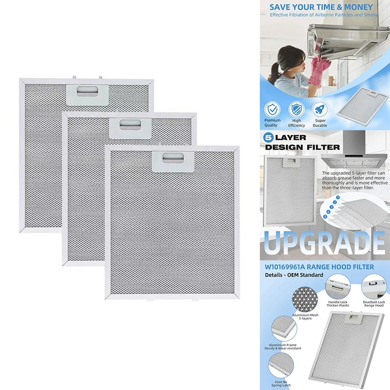 

W10169961A Hood Filter For Whirlpool Ikea Kitchenaid Jenn Air Range Hood Replace Aluminum Vent Filter 12X10.5Inch