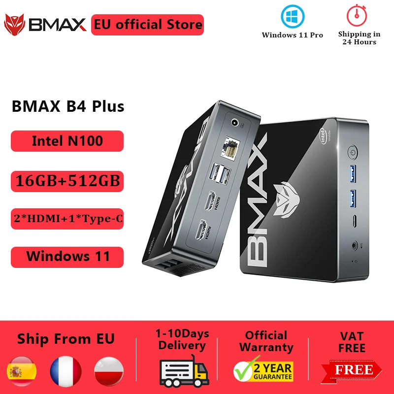 Bmax B4 Plus Mini Pc 16Gb 512Gb Ssd Windows 11 Pc Intel N100 2 * Hdmi 1 * Type-C Supporta 4K @ 60Hz 750Mhz Intel Uhd Graphics