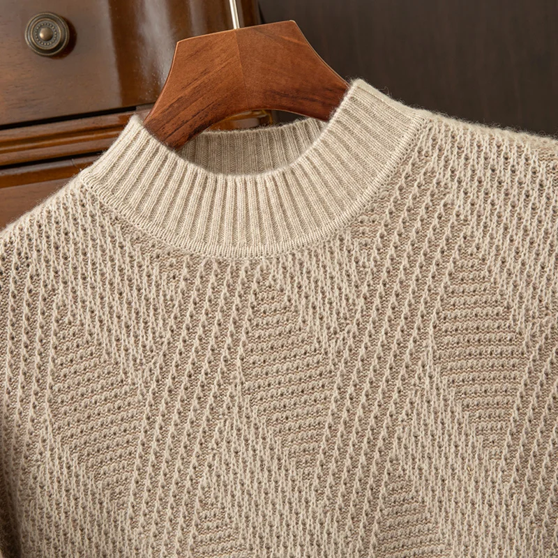 2024 Autumn/Winter New Collection (100% Cashmere) Men's Seven Needle Thickened Half High Neck Double Color Casual Sweater 3