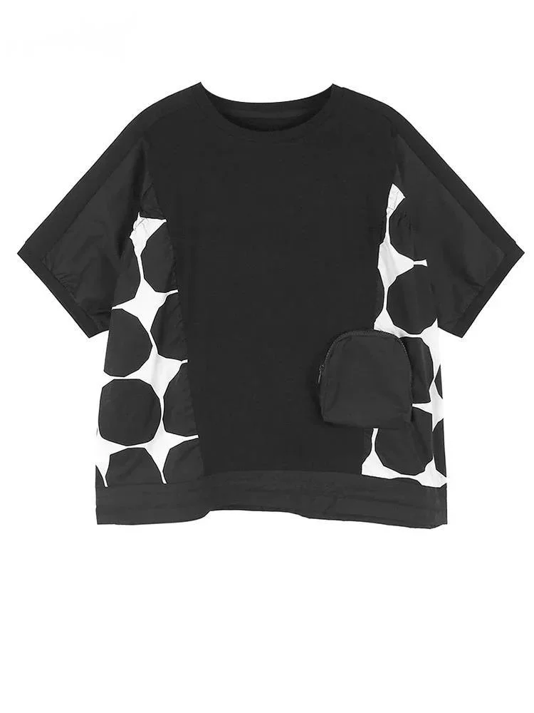 

Women Black Dot Printed Big Size Casual T-shirt New Round Neck Short Sleeve Fashion Tide Spring Summer X821