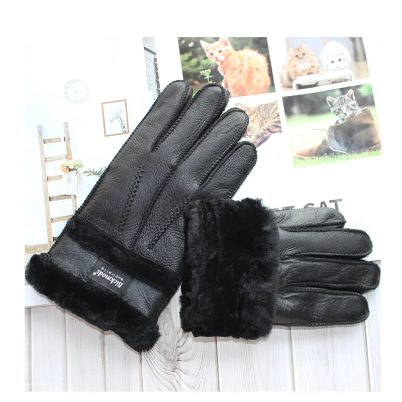 New men's sheepskin fur gloves thickened wool lining warm and cold resistant winter gloves leather