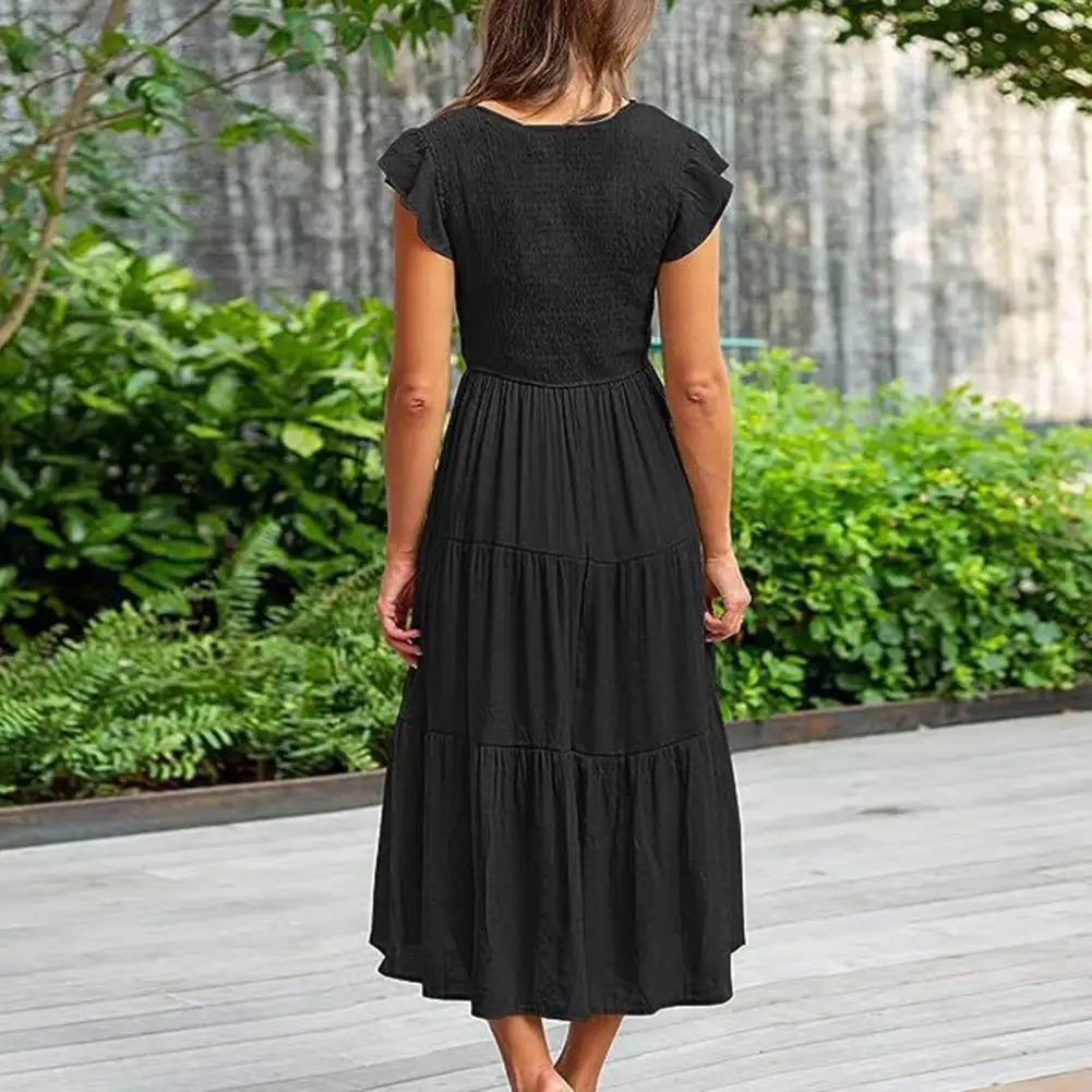 

Patchwork Hem Dress Elegant Pleated A-line Midi Dress with Flying Sleeves V Neck Detail for Beach Wear or Commuting Women Dress