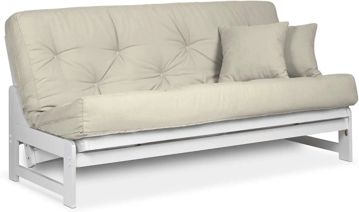 White Futon Set Full or Queen Size Armless Wood Futon Frame with Mattress Included Twill Ivory Space Saving Modern Sofa Bed