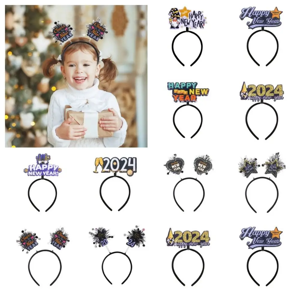 

Sequin 2024 Happy New Year Headband Tinsel Plastic New Year Headdress Christmas Supplies Photographic Headwear