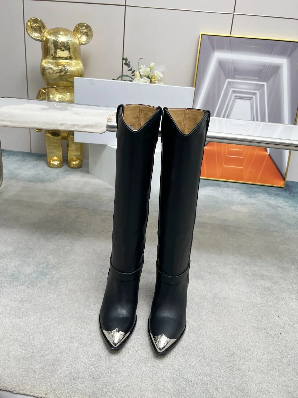 

Brand Custom *Sa*8cm High Heel Western Knee-high Boots Women's Leather Metal Pointed Autumn Winter High Chelsea Boots