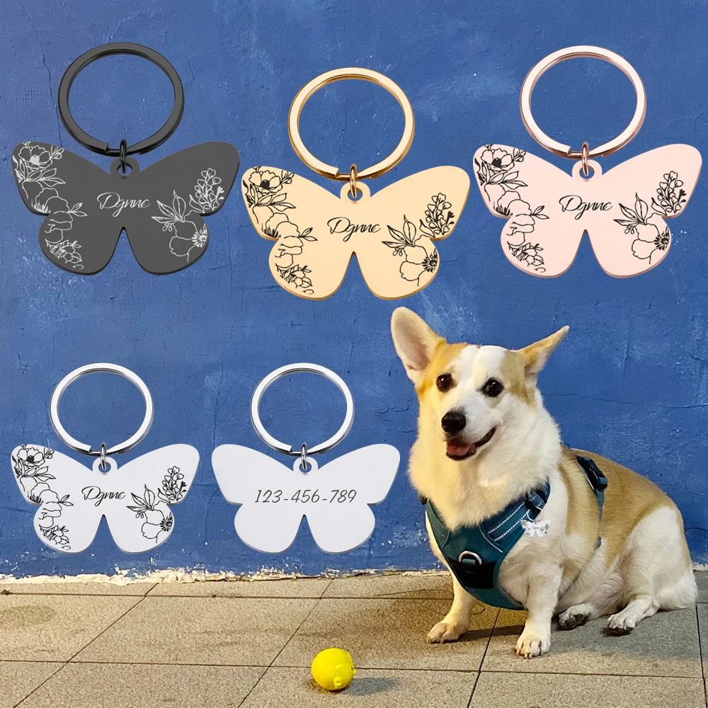 

Customizable Dog Collar Tags Butterfly Pendant for Dogs Medal with Engraving Name Personalized Number Kitten Puppy Accessories