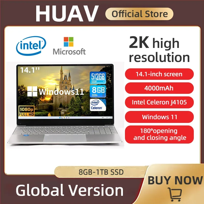 

HUAV 2024 Original Notebook 14.1 FHD Screen Intel Celeron J4105 8GB RAM 1024GB SSD Windows 11 Student Laptops WiFi Bluetooth