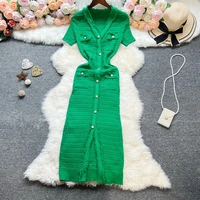 YuooMuoo Chic Fashion Sexy Package Hips Knitted Dress Women V-neck Single-breasted Bodycon Sweater Dress Office Lady Vestidos - Image 2